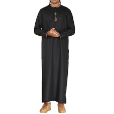 Mens Emirati Omani Thobe Jubba Islamic Clothing Muslim Kaftan Eid Robe Arab String Tassel - Black XXL - 60