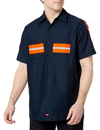 Men's Enhanced Button Down Work Shirt, Regular Fit, Short Sleeve Utility, Navy with Orange Visibilit