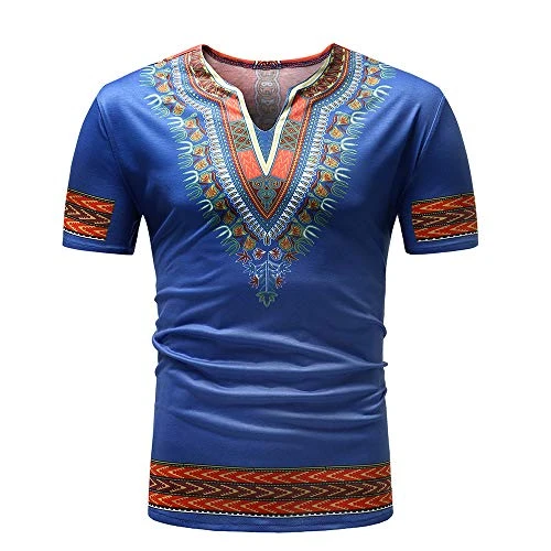 Men's Ethnic Print T-Shirt V-Neck Short Sleeve African T-Shirt Slim-fit Blue