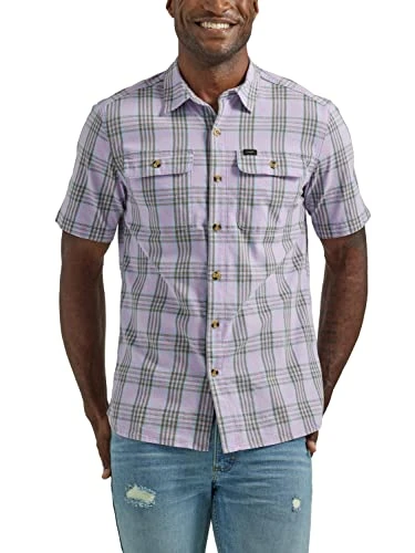 Men's Extreme Motion All Purpose Classic Fit Short Sve Button Down Worker Shirt, Orchid Plaid