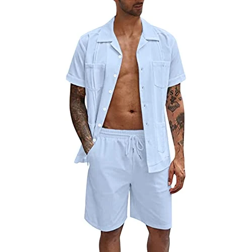 Men's Fashion Casual Beach Holiday Plain Short Sleeve Shorts Cotton and Linen Suit Two Piece Black J