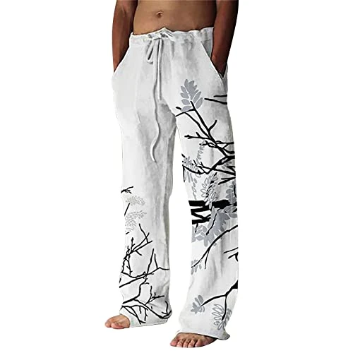 Mens Fashion Casual Small Printing Cotton and Linen Printed Linen Pocket Lace Up Pants Large Size Pants