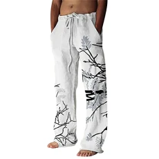 Mens Fashion Casual Small Printing Cotton and Linen Printed Linen Pocket Lace Up Pants Large Size Pants