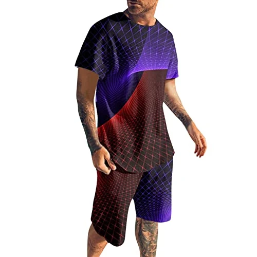 Men's Fashion Crew Neck Printed Pullover Short Sleeve T-Shirts and Shorts with Mid Waist Casual Spor