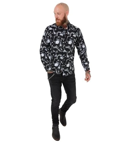 Men's Fashion Monochrome Sketched Music Note Printed Long Sleeve Shirt, Black, Regular Fit, M