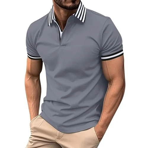 Mens Fashion Polo Shirts Short Sleeves Collared T-Shirts Color Work Polo Shirts for Men Sports Golf Polos Black Polo Shirt V Neck Cotton Polo Shirts UK Adult Multipack(A9 Grey,S)