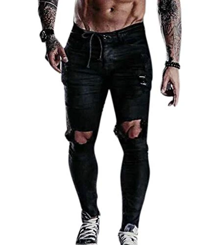 Men's Fashion Ripped Pencil Jeans Stretch Little feet Men's Ripped Casual Jeans Black