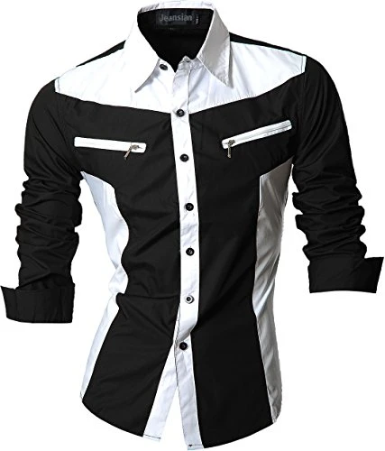 Men's Fashion Shirts Long Sleeves Casual Dress Tops Slim Fit Zip Business Uniforms Z018 Black M