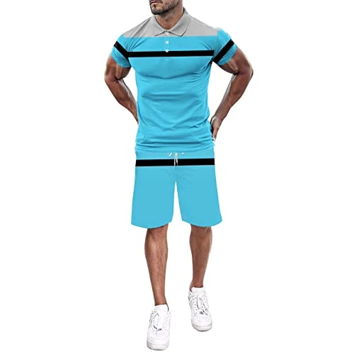 Men's Fashion Short Sleeve T-Shirt and Shorts Set Summer 2-Piece Outfit Black Suit Men's T-Shirt and