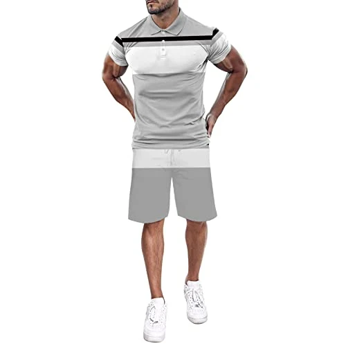 Men's Fashion Short Sleeve T-Shirt and Shorts Set Summer 2-Piece Outfit Summer Suit Men, 0710c-grey,