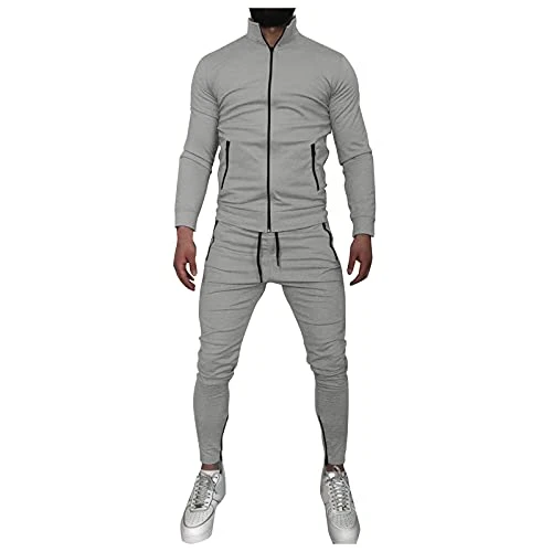 Men's Fashion Sports Set Casual Plain Zip Long Sleeve Trousers Sets Men's Suit Blue, gray, XL