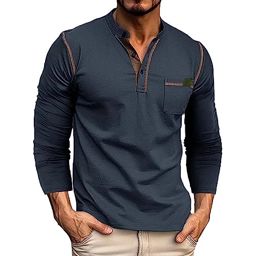 Men's Fashion Spring and Autumn Casual Long Sleeve Button Solid Color Long Sleeve T Shirt Top Oxbloo