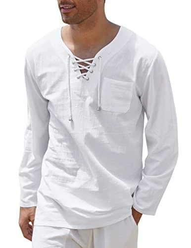 Mens Fashion T Shirt Cotton Linen Tee Hippie Shirts V-Neck Yoga Top White