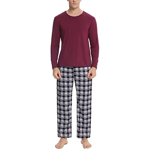 Men's Fashion Two Piece Sets Casual Crew Neck Plain Long Sleeve Checked Trousers Suit Pyjamas Home Service Suit Jogging Suit Men Light Blue, gray, L