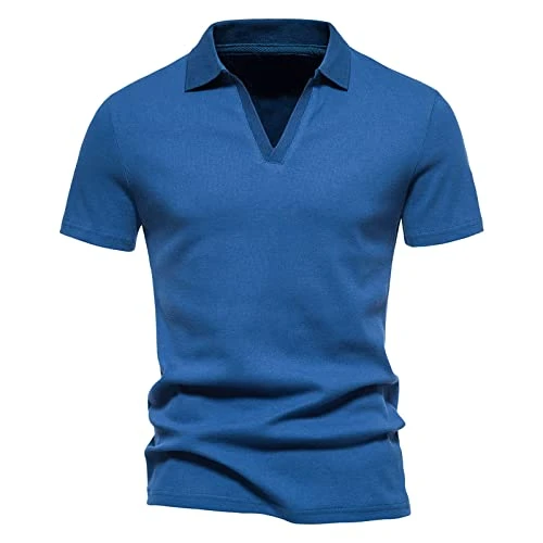 Men's Fashion V-Neck T-Shirt with Deep V-Neck, Short Sleeve Cotton T-Shirt, Elastic Bottom Shirt, Small Stand-Up Collar in Summer, Long Airy Tops, blue, XXL