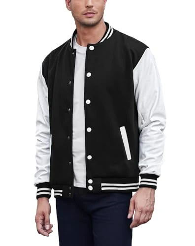 Mens Fashion Varsity Jackets Leather Sleeve Slim Fit College Baseball Letterman Bomber Coat, Black-white Sleeve, M