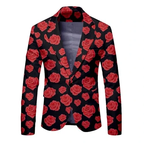 Men's Fashion Velvet Sequins Floral Pattern Suit Jacket Blazer Jackets Shiny Floral Suit Jackets One Button Slim Fit Lapel Collar Suit Tuxedo Jacket for Dinner Wedding Party Prom, Watermelon Red1, L