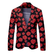 Men's Fashion Velvet Sequins Floral Pattern Suit Jacket Blazer Jackets Shiny Floral Suit Jackets One Button Slim Fit Lapel Collar Suit Tuxedo Jacket for Dinner Wedding Party Prom, Watermelon Red1, L
