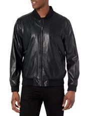 Men's Faux Leather Bomber, Black, S