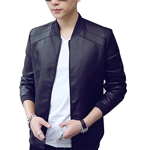 Men's Faux Leather Bomber Jacket Pu Leather Long Sleeve Zipper Fitted Casual Jacket - Blue/XL