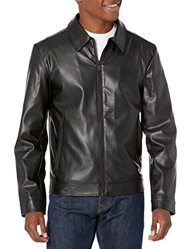Men's Faux Leather Classic Laydown Collar Bomber Jacket, Black Smooth Lamb, M