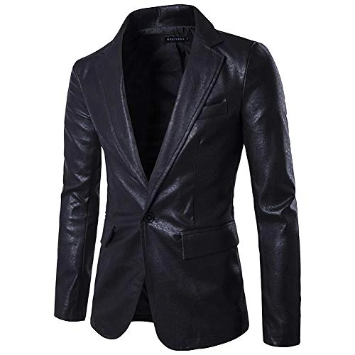 Mens Faux Leather Fashion Slim Fit One Button Blazer Jacket Black L