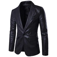 Mens Faux Leather Fashion Slim Fit One Button Blazer Jacket Black L Mens Faux Leather Fashion Slim Fit One Button Blazer Jacket Black L
