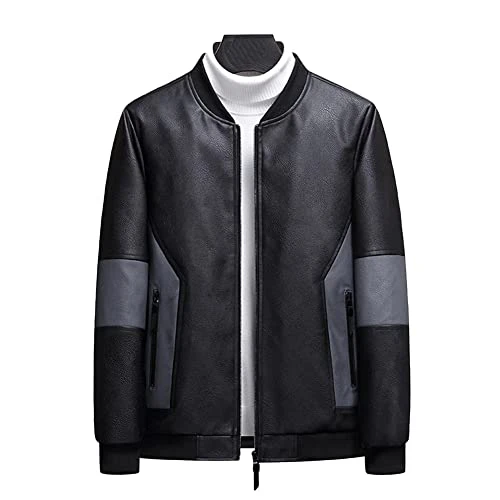 Men's Faux Leather Jacket Bomber Slim Fit Outwear Baseball Jackets Casual Windbreaker Coat Outwear Black XXS