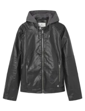 Men's Faux Leather Jacket with Hood, Black, XL
