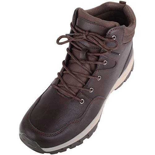 Mens Faux Leather Slip On Walking Hiking Mountain Winter Lace Up Boots - Brown - UK 8 / EU 42