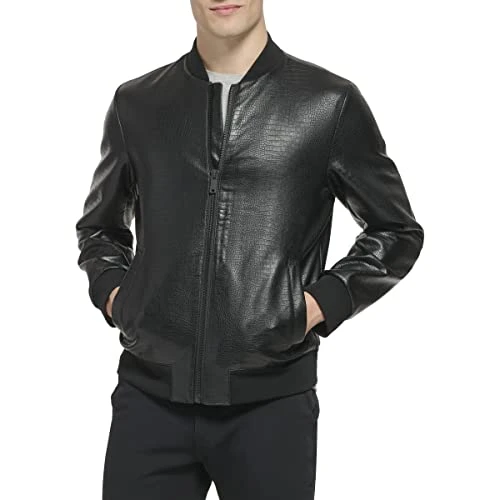 Men's Faux Leather Varsity Bomber Jacket, Black Croc Embossed, L