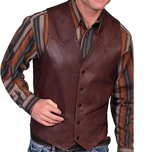 Mens Faux Leather Vest Retro Western Style Cowboy Waistcoat Slim Fit Single Breasted Vest Solid Colo