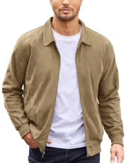 Men's Faux Suede Bomber Jacket Lightweight Full Zip Jackets Vintage Casual Trucker Jacket, Khaki, S