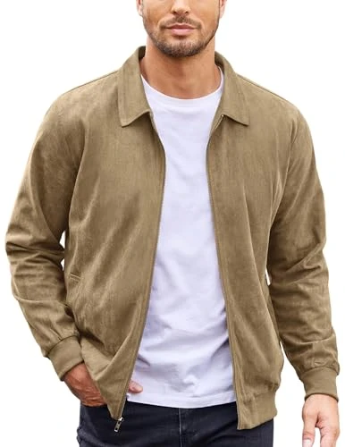 Men's Faux Suede Bomber Jacket Lightweight Full Zip Jackets Vintage Casual Trucker Jacket, Khaki, S