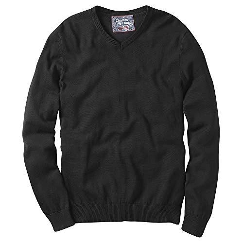 Men's Fine Knit Cotton V-Neck Jumper (M, Black (0422))