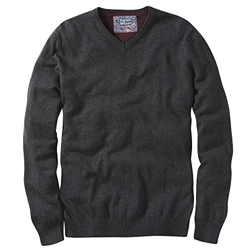 Men's Fine Knit Cotton V-Neck Jumper (S, Charcoal (0422))