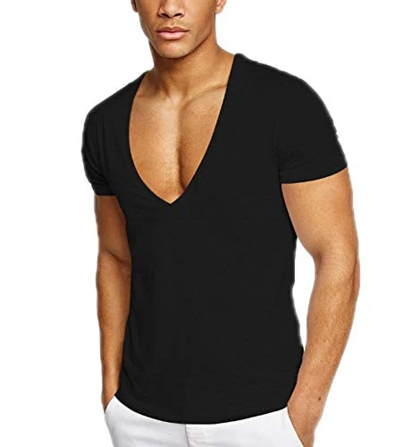 Men's Fitness T-Shirts Deep V Neck Muscle Fitness Bodybuilding Short Sleeve T-Shrits Black