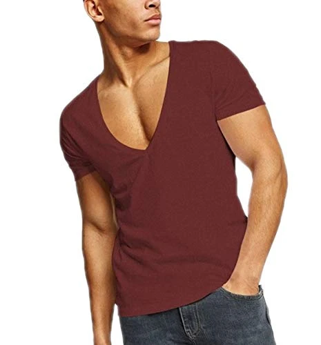 Men's Fitness T-Shirts Deep V Neck Muscle Fitness Bodybuilding Short Sleeve T-Shrits Red Wine