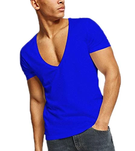 Men's Fitness T-Shirts Deep V Neck Muscle Fitness Bodybuilding Short Sleeve T-Shrits Royal Blue