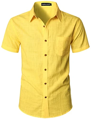 Men's Fitted Cotton Linen Casual Short Sleeve Button Up Shirts Lightweight Beach Tops with Pocket EU