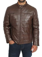 Mens Fitted Puffer Brown Leather Jacket Zip Fasten Padded Biker Style Coat (XX-Large)