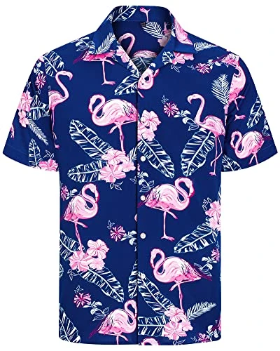 Mens Flamingo Hawaiian Shirt Short Sleeve Regular Fit Beach Funky Flower Summer Shirts Button