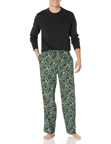 Men's Flannel Pyjama Set (Available in Big & Tall), Black Folkloric, XS