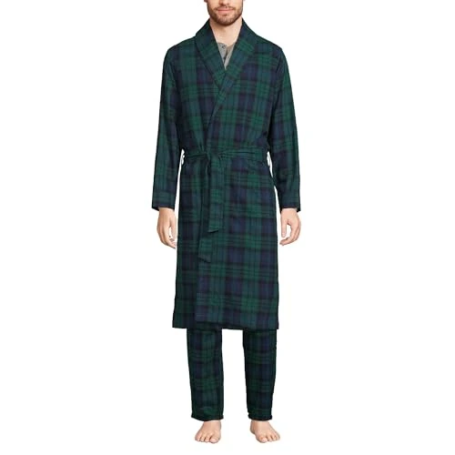 Men's Flannel Robe, Evergreen Blackwatch Plaid, S