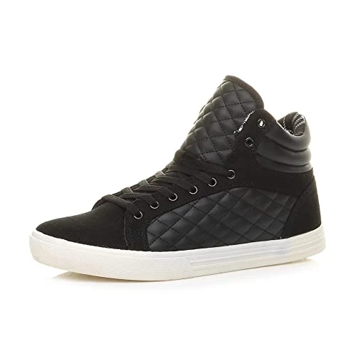 Mens Flat lace up Quilted Casual hi high top Ankle Trainer Boots, 7 UK, Black