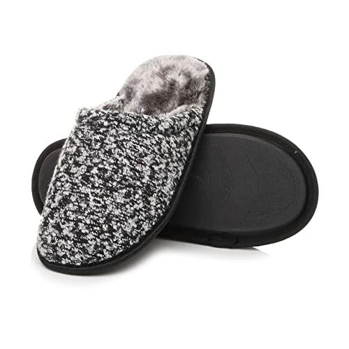 Mens Flat Winter Fur Lined Memory Foam Mules Slippers House Shoes, Grey 2 Tone, 7 UK