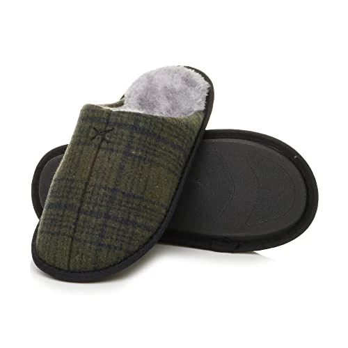 Mens Flat Winter Fur Lined Memory Foam Mules Slippers House Shoes, Khaki Check, 12 UK