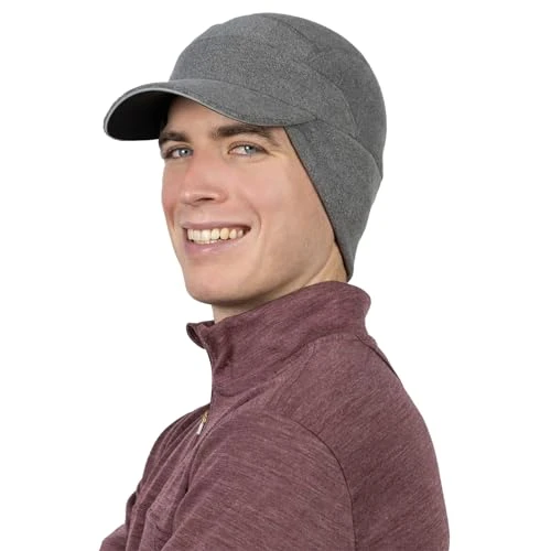 Men's Fleece Ball Cap with Drop Down Ear Warmer | The Trailblazer Adventure Hat - Heather Grey