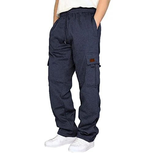 Men's Fleece Cargo Jogging Bottoms Drawstring Loose Fit Jogging Bottoms for Men with Pockets, navy, 