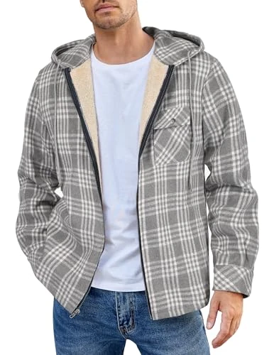 Men's Fleece Flannel Jacket Plaid Zip Up Hoodie Sherpa Lined Shirt Jacket Winter Warm Coats with Hood, F-gray Line, L